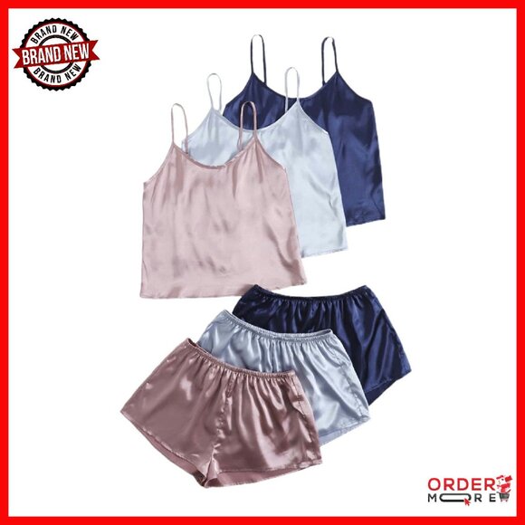 Silk Satin Pajama Set Sleeveless V Neck Crop Cami Top & Shorts